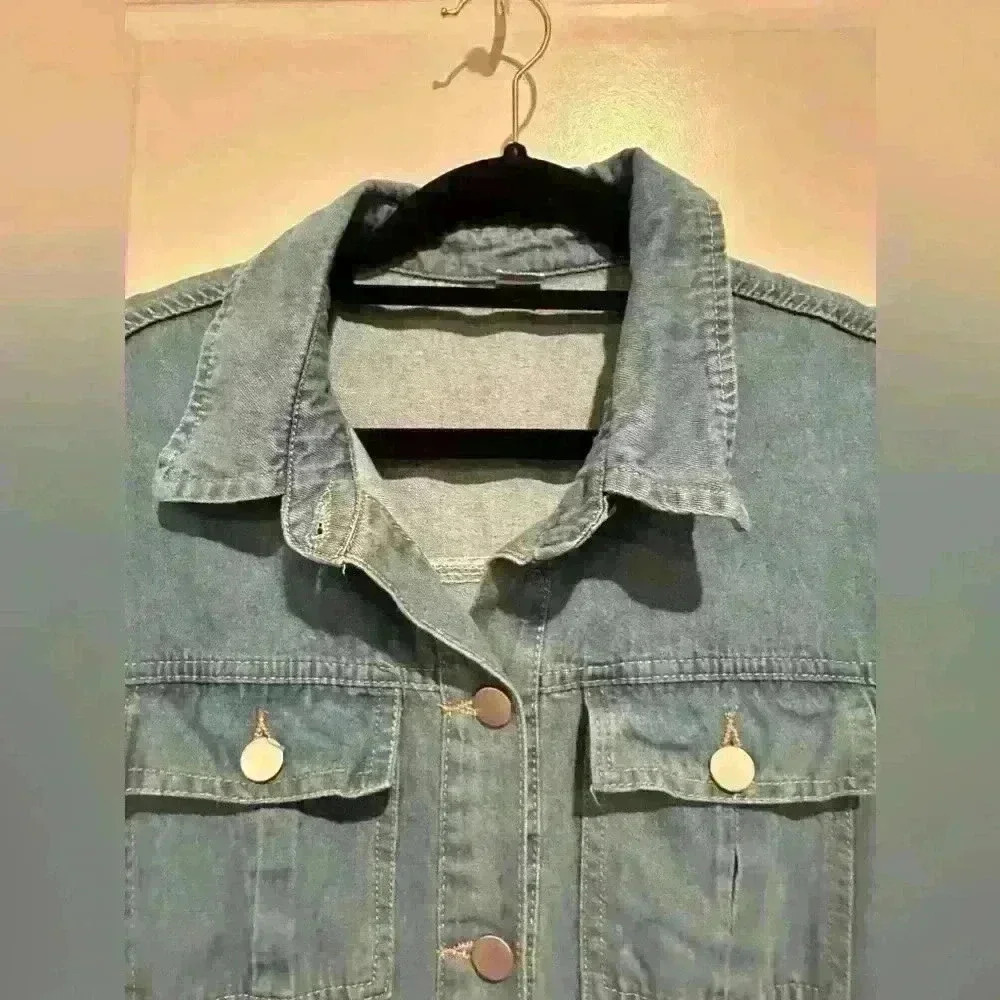 Denim Casual Lapel Button Down Front Maxi Shirt Short Sleeve Dress - Picture 6 of 7